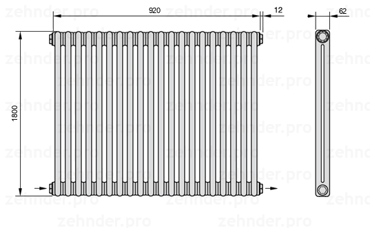 Схема (чертеж) Радиатор Zehnder Charleston 2180/20 №2670 Белый глянцевый RAL 9016